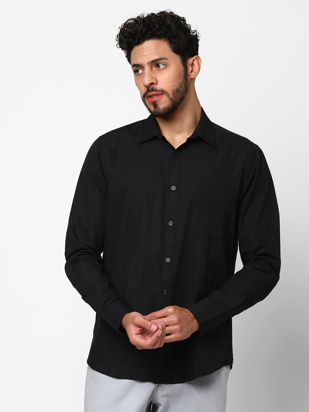 Men's Spread Collar Solid Carbon Black Shirt