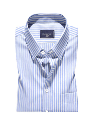 Men's Comfort Fit Pure Cotton Blue & White Semi Formal Spread Collar Striped Shirt