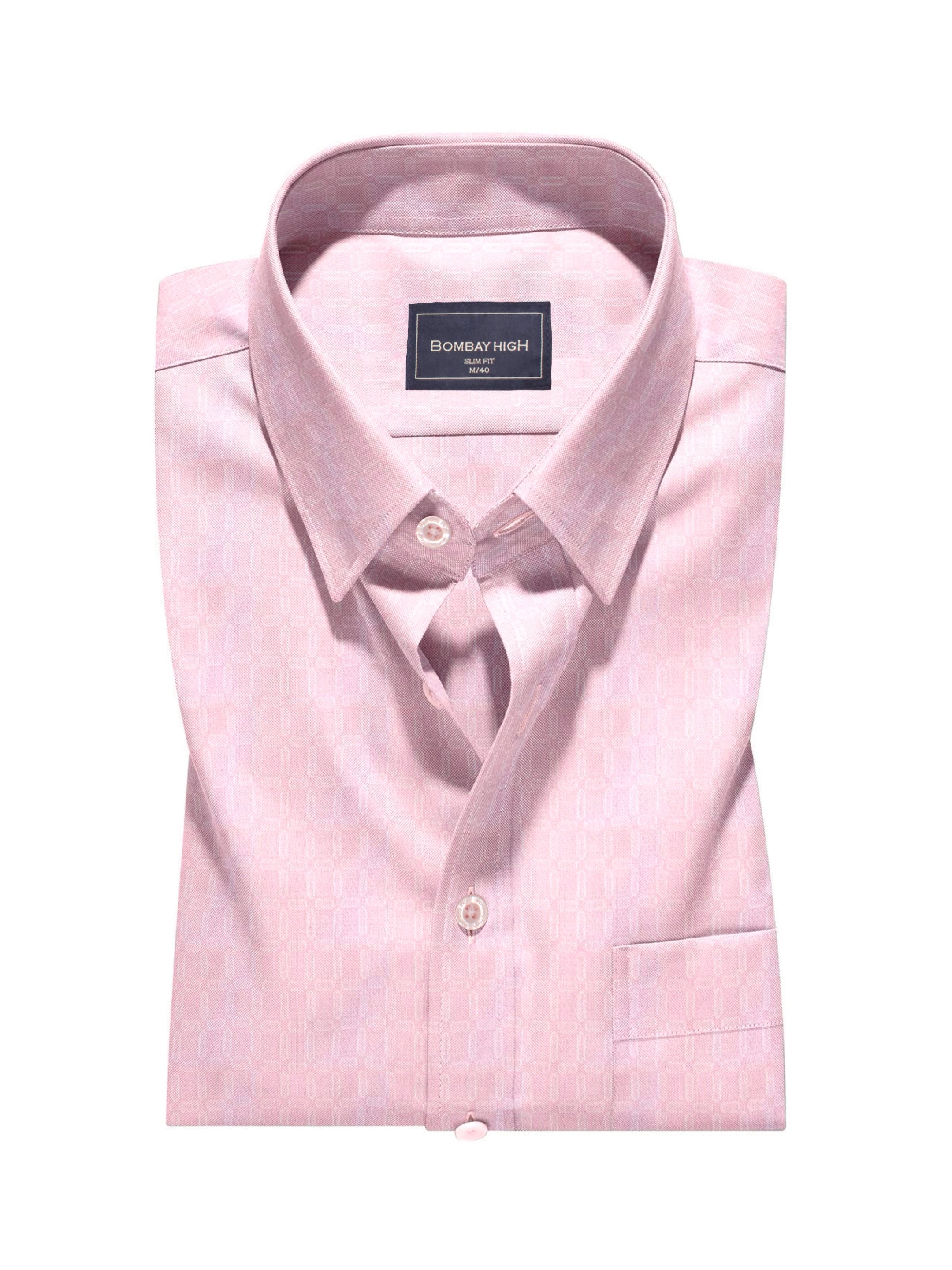 Men's Comfort Fit Pure Cotton Solid Pink Semi Formal Spread Collar Textured Shirt