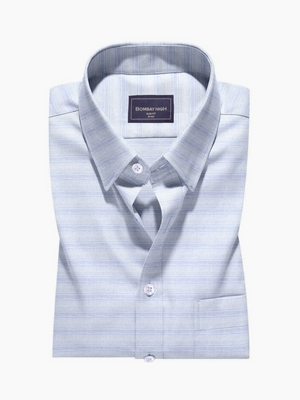 Men's Comfort Fit Pure Cotton Light Blue Spread Collar Striped Jacquard Shirt