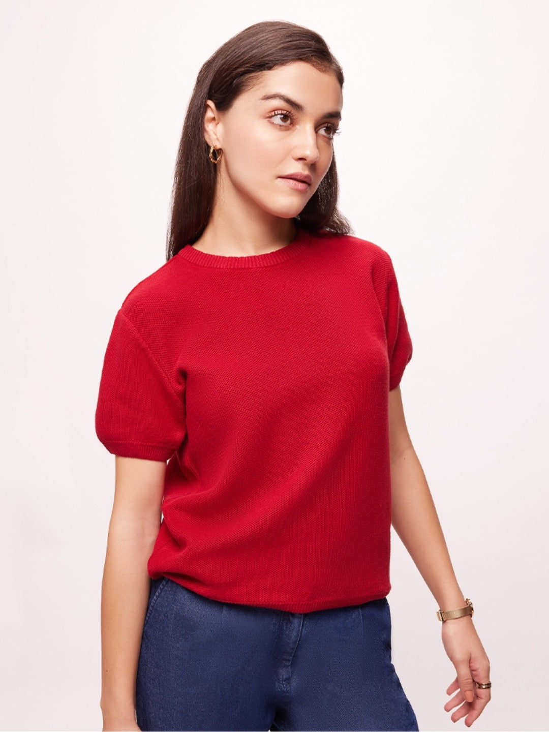 Women's Red Premium Cotton Regular Fit Crew Neck Knit Top