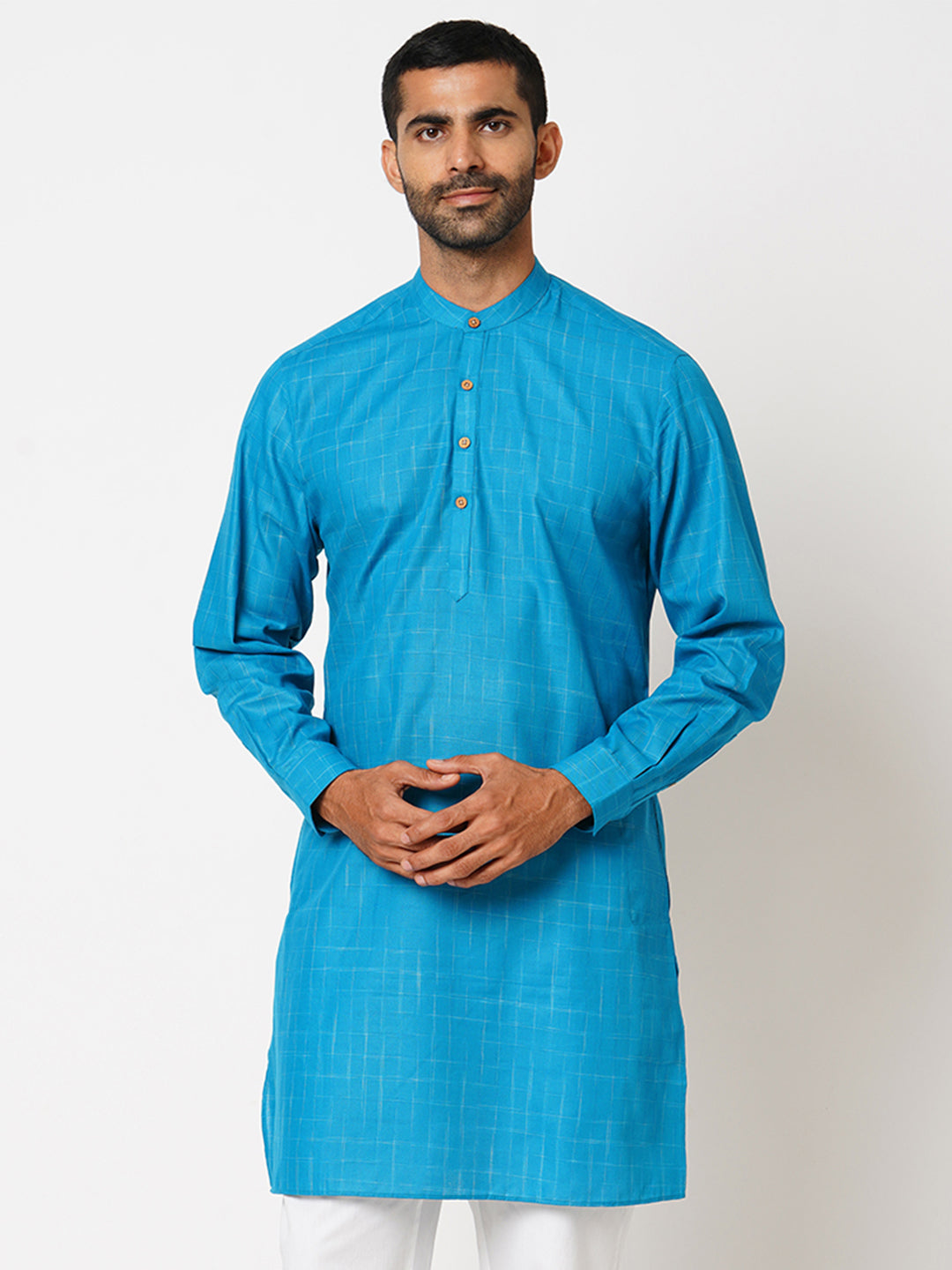 Men's Regular Fit  Peacock Blue Ikat Kurta