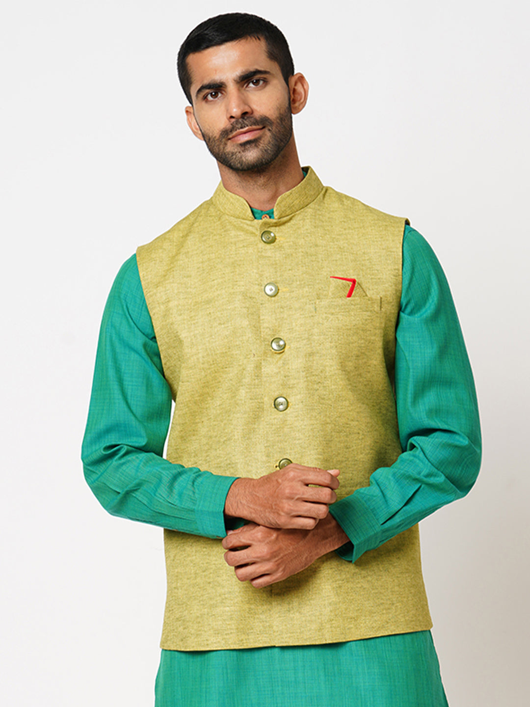 Men's Regular Fit Yarn Dyed Green Oasis Nehru Jacket