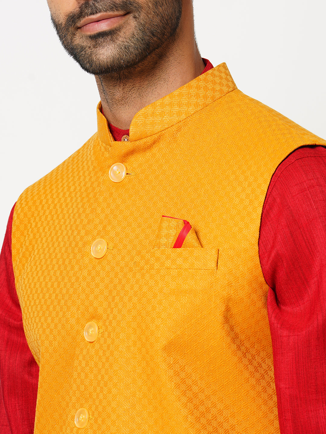 Men's Regular Fit Jacquard Mustard Yellow Nehru Jacket