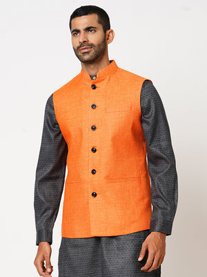 Men's Regular Fit Basket Weave Orange Slice Nehru Jacket