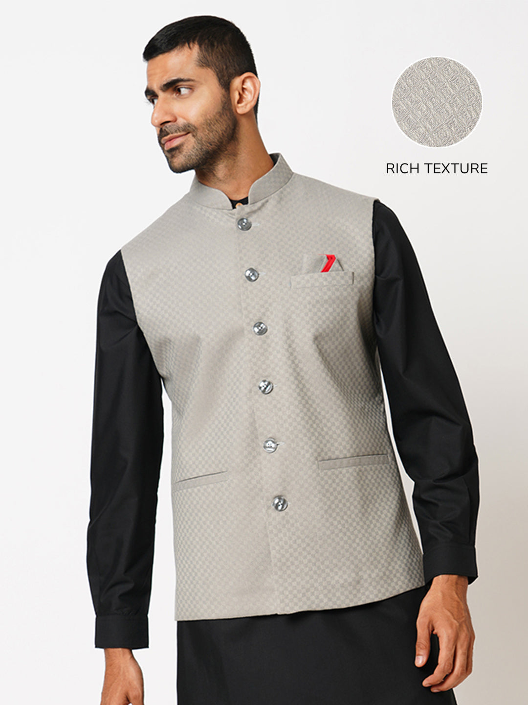 Men's Regular Fit Jacquard Pearl Grey Nehru Jacket