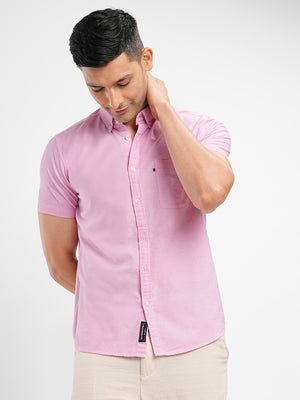 Men's Slim Fit Pure Cotton Solid Light Pink Short Sleeve Oxford Shirt