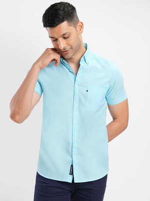 Mens Slim Fit Pure Cotton Solid Aqua Blue Short Sleeve Oxford Shirt