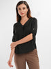 Women's Black V-Neck Pleat Detail Regular Fit Solid Top