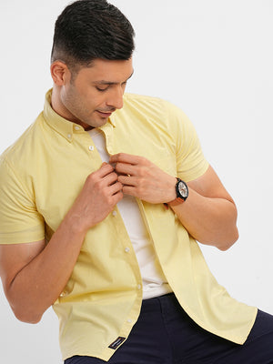 Mens Slim Fit Pure Cotton Solid Lemon Yellow Short Sleeve Oxford Shirt