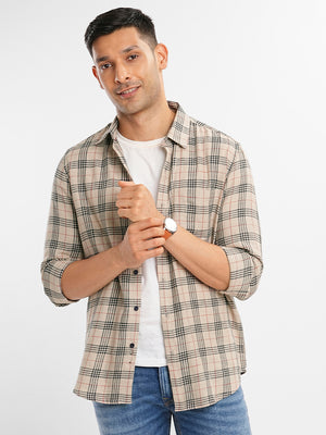 Men's Comfort  Fit Pure Cotton Beige & Black Semi Formal Check Shirt