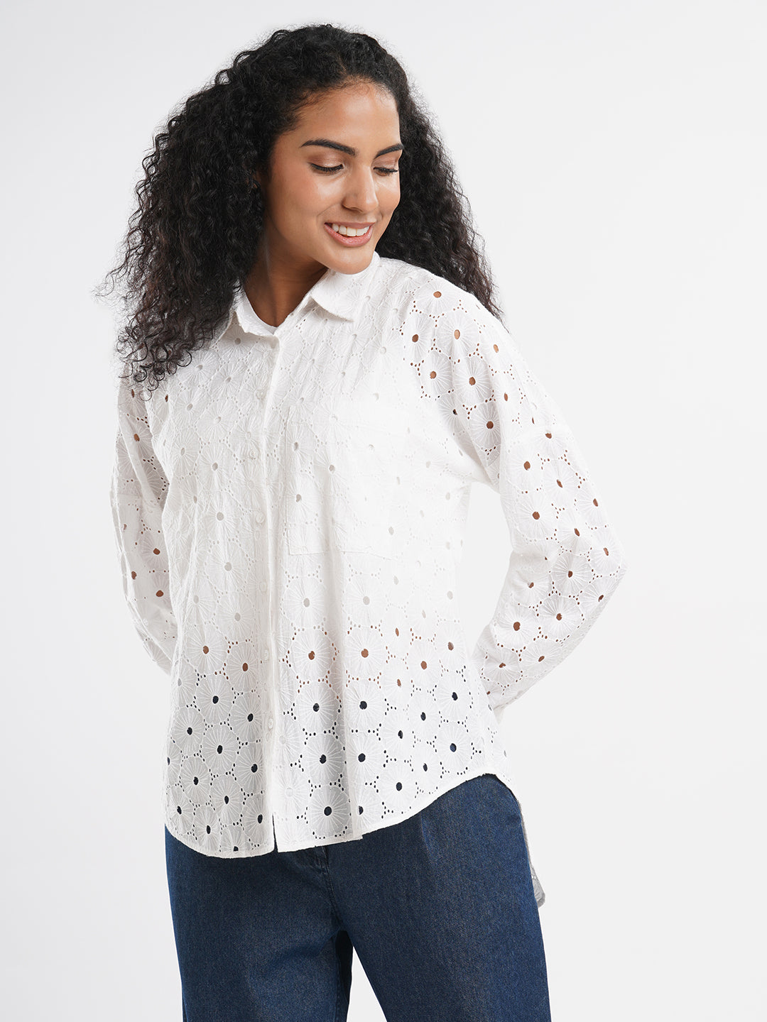 Women's Solid White Oversized High Low Hem Floral Schiffli Shirt