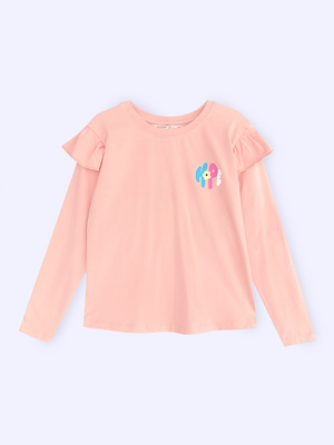 Girls Peach Regular Fit Premium Cotton Blend Ruffle detail Printed Top