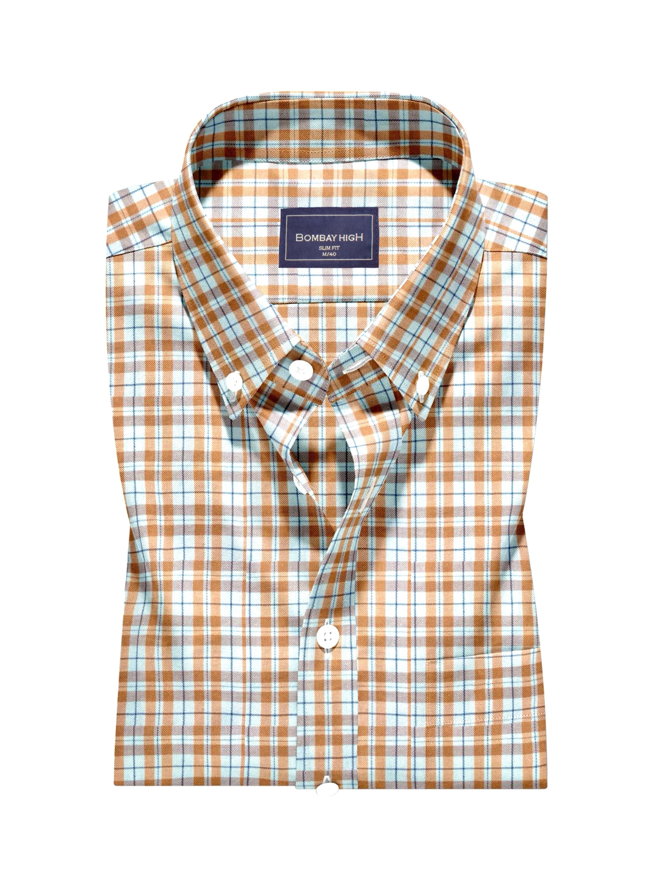 Men's Comfort Fit Pure Cotton White & Brown Semi Casual Spread Collar Yarn Dyed Check Shirt