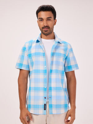 Mens Comfort Fit Cotton Lyocell Blue & White Check Casual Shirt