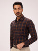 Men's Comfort Fit Giza Cotton Black & Orange Check Spread Collar Shirt