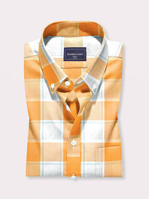 Mens Comfort  Fit Pure Cotton White & Yellow Check Semi formal Shirt