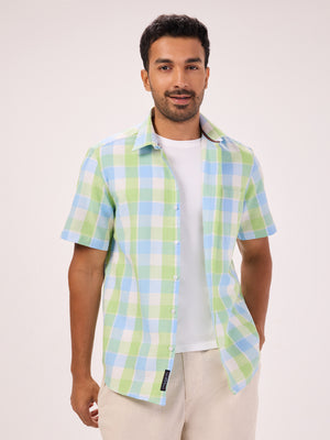 Mens Comfort Fit Cotton Lyocell Green & Blue Check Casual Shirt