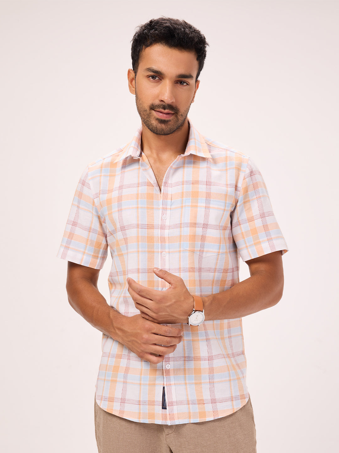 Mens Comfort Fit Cotton Lyocell White & Orange Check Casual Shirt