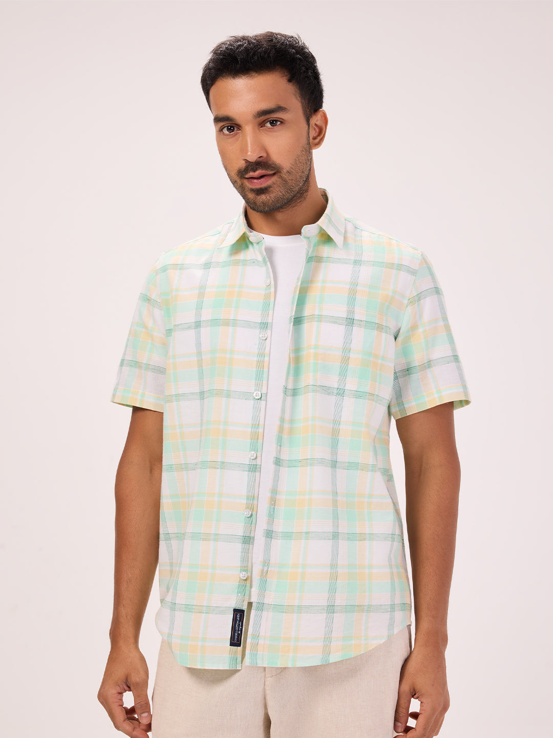 Mens Comfort Fit Cotton Lyocell White & Green Check Casual Shirt