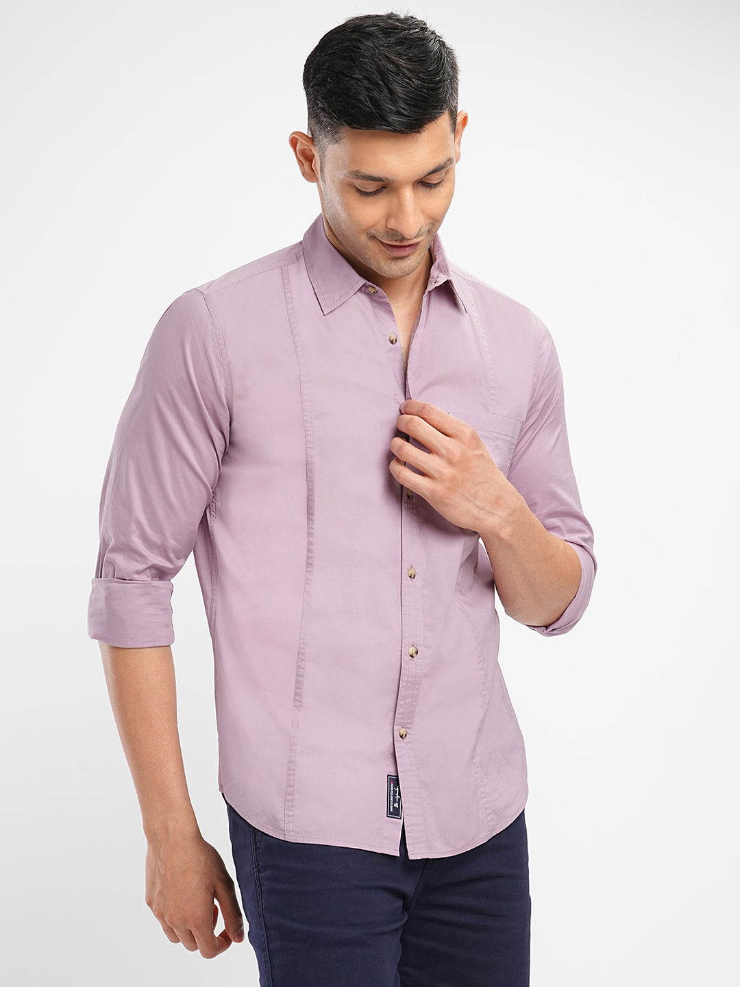 Men's Slim Fit Solid Mauve Pink Long Sleeve Panelled Shirt