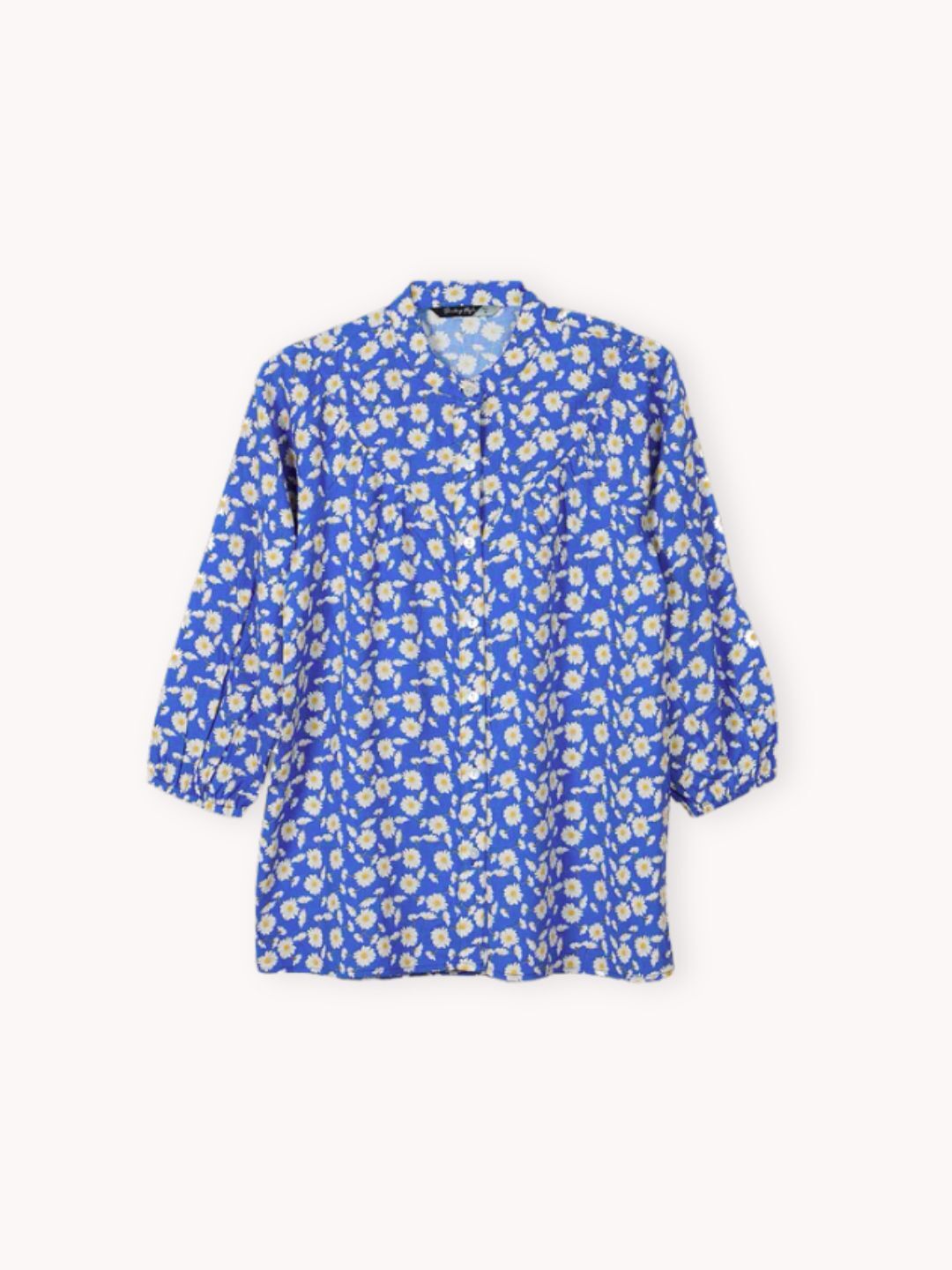 Women's Lapis Blue Floral Print Premium Viscose Band Collar Puffed Sleeve Shirt